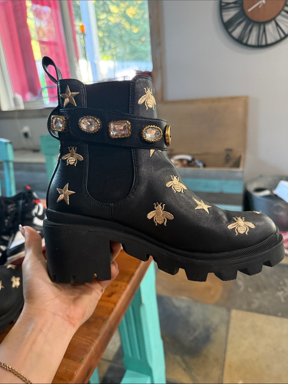 Gucci Bee Accent Leather Combat Boots